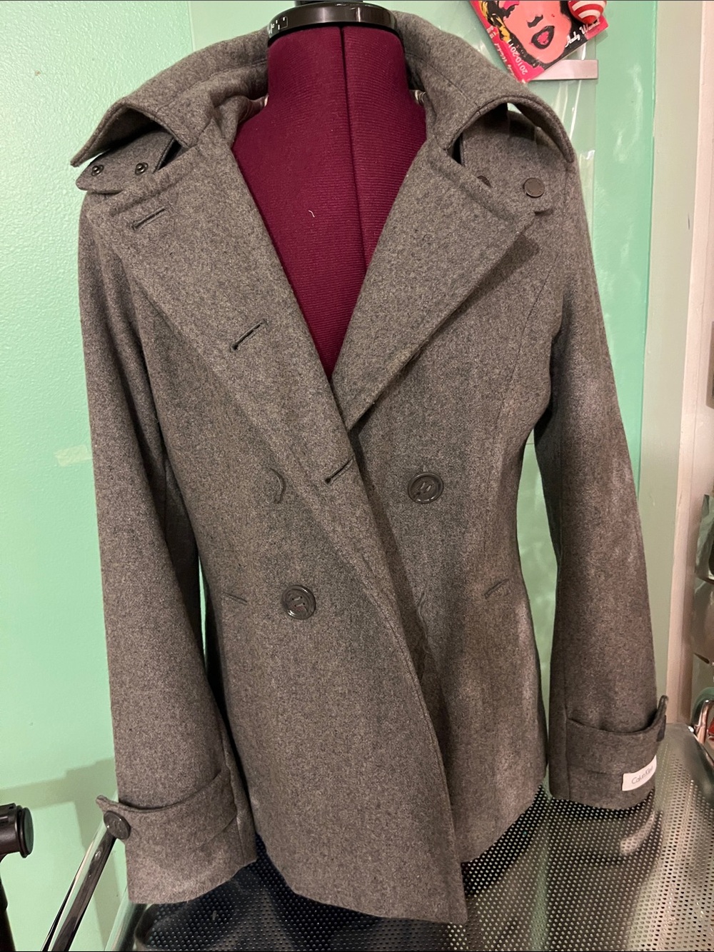 Calvin Klein Wool Jacket Detachable Hood Women Size 4 Petite Gray